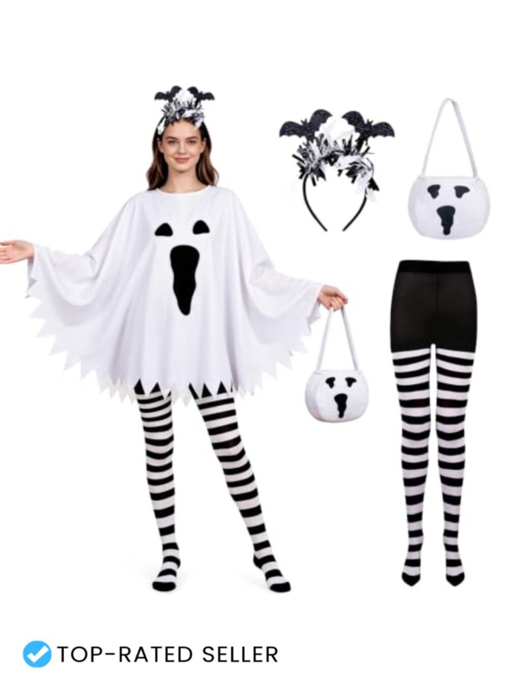 Ghost Poncho Costume Set Polyester Halloween Tights Headband Candy Bag